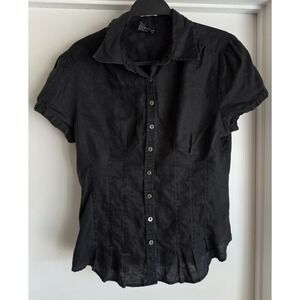 VTG Tracy M. Linen Blouse XL Black Solid Collared Short Sleeve Women Top Shirt